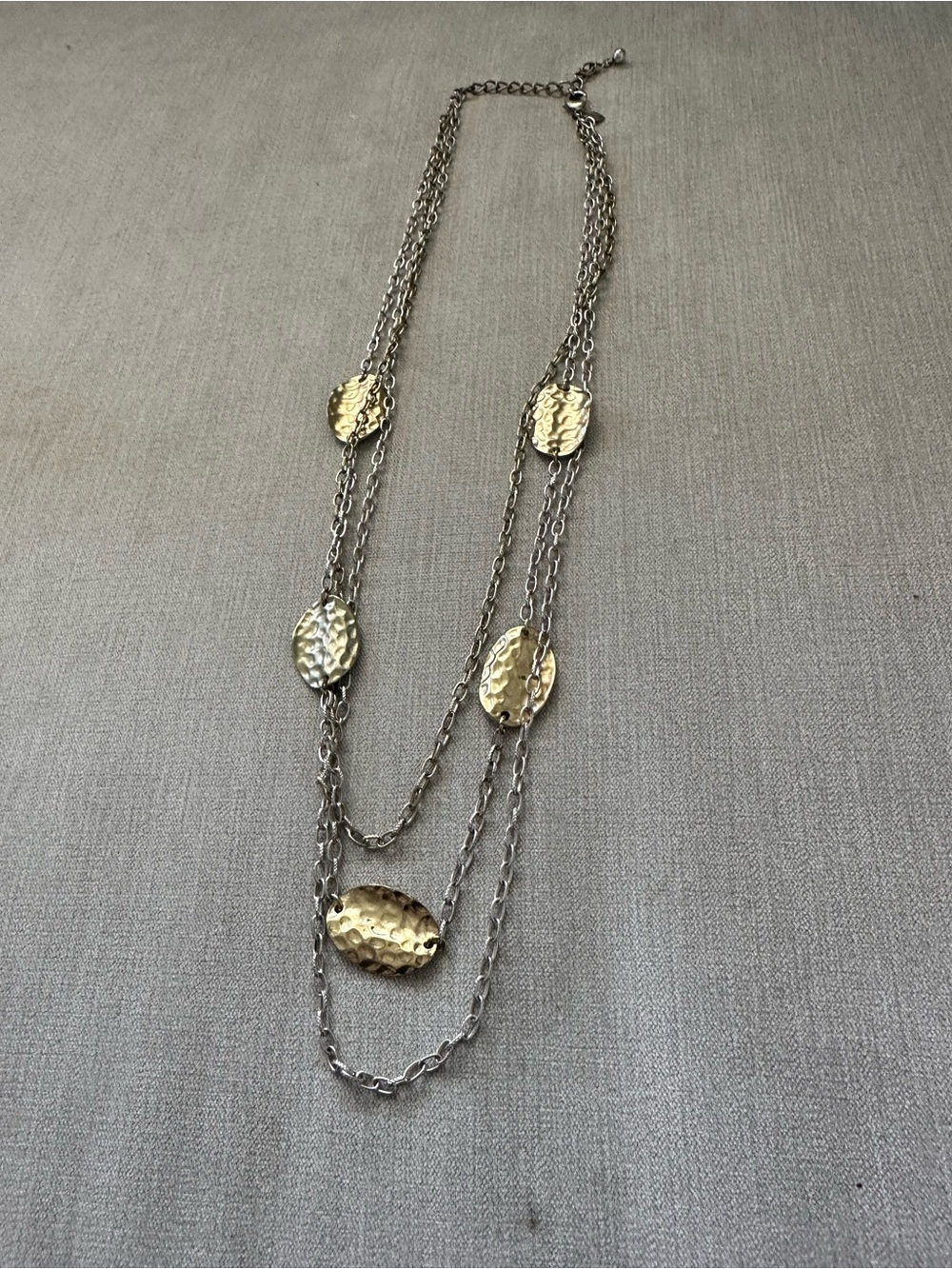 Two-Tone Hammered Oval Pendant Long Necklace - Gold & Silver